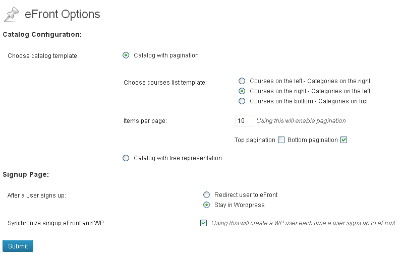 eFront options page - Customizing templates for catalog and signup page